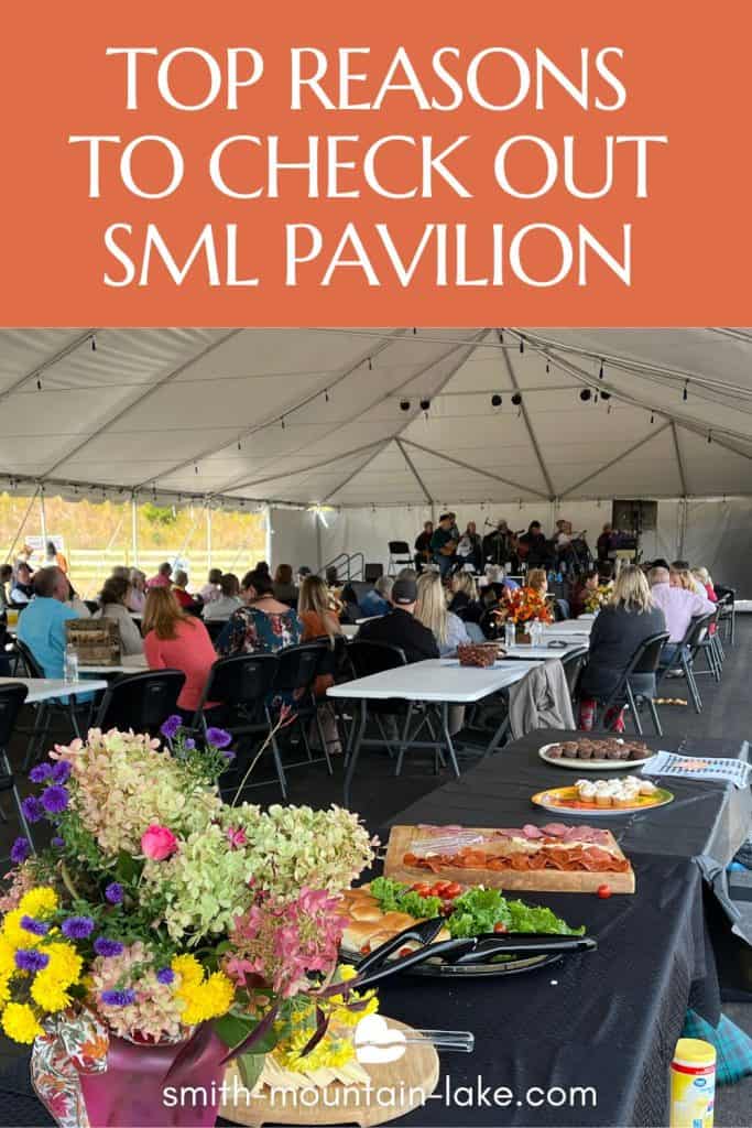 Food and drink line a table during an event under the tent at SML Pavilion.