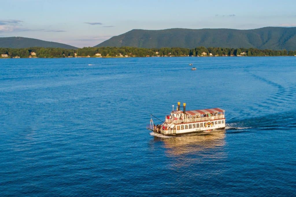 The 63-foot sidewheeler cruise boat glides across SML, Virginia