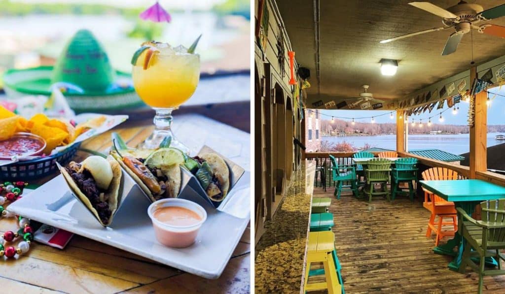 A colorful tropical drink with tacos and lakeside seating