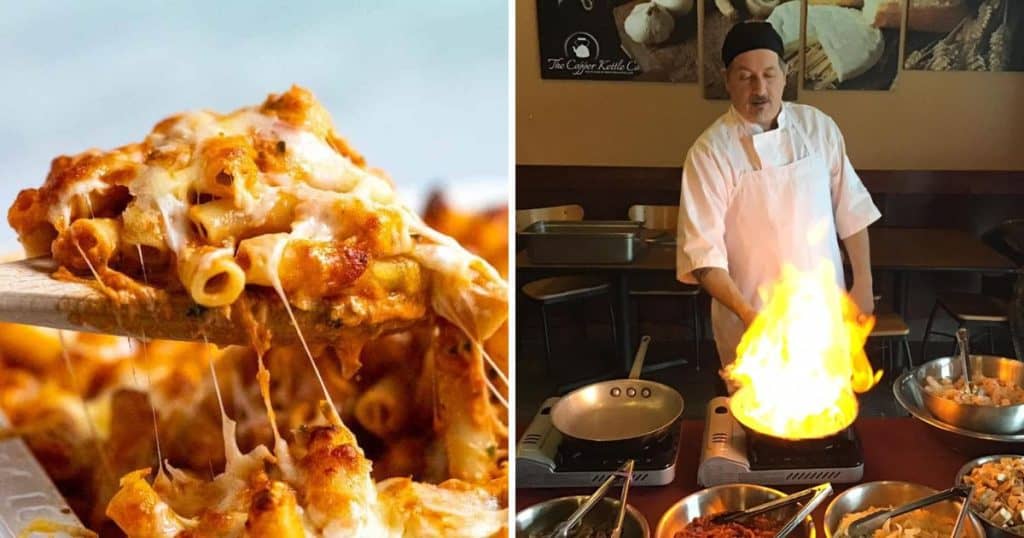 Cheesy pasta and Chef Sonny D firing up the pasta station.