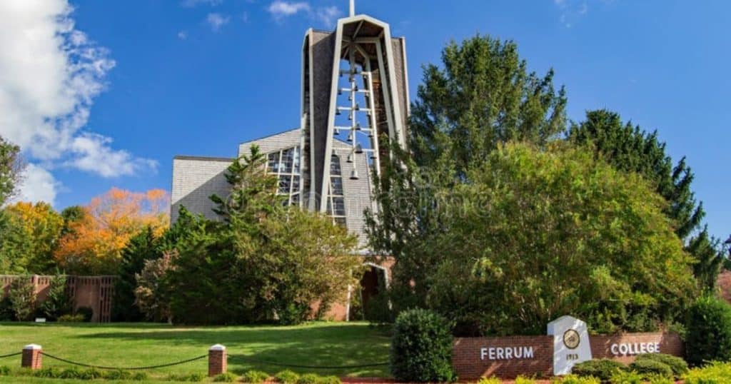 The chapel at Ferrum College set against a bright blue sky.
