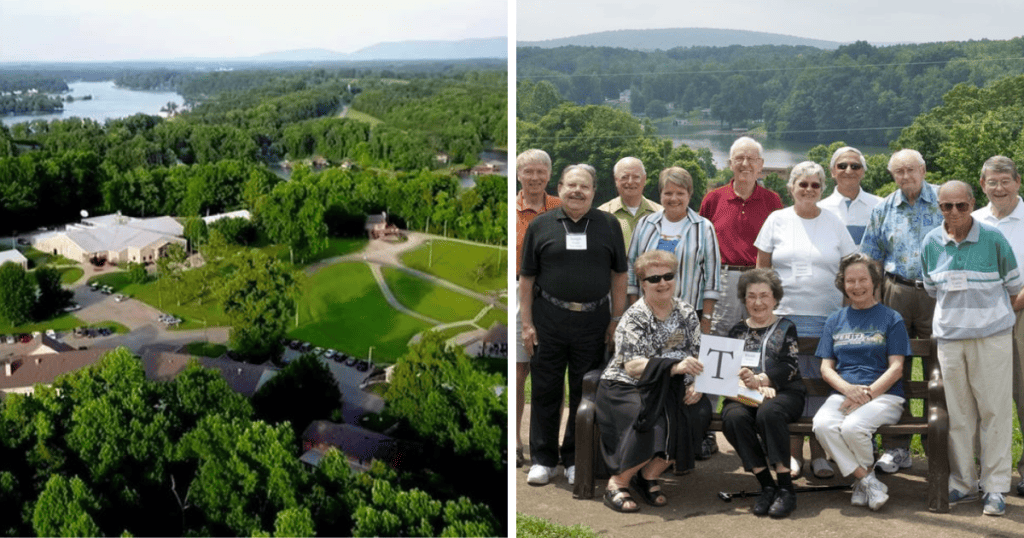 An aerial of the Skelton 4-H Center with abundant green space; participants in a Roads Scholar program Smith Mountain Lake in the background.