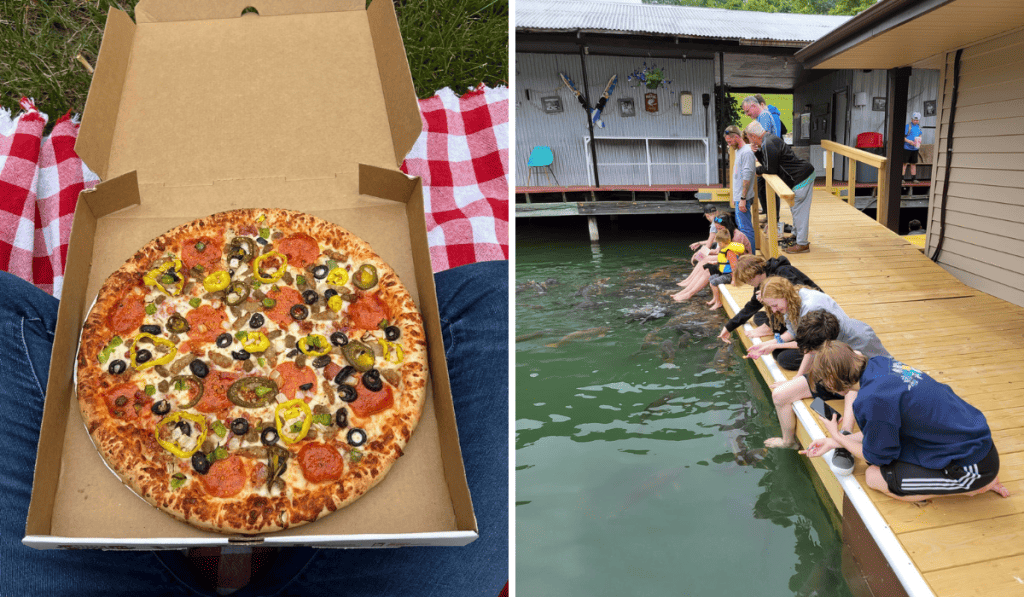 Loaded Hunt Brothers Pizza; Kids sitting on the dock getting their toes sucked by carp